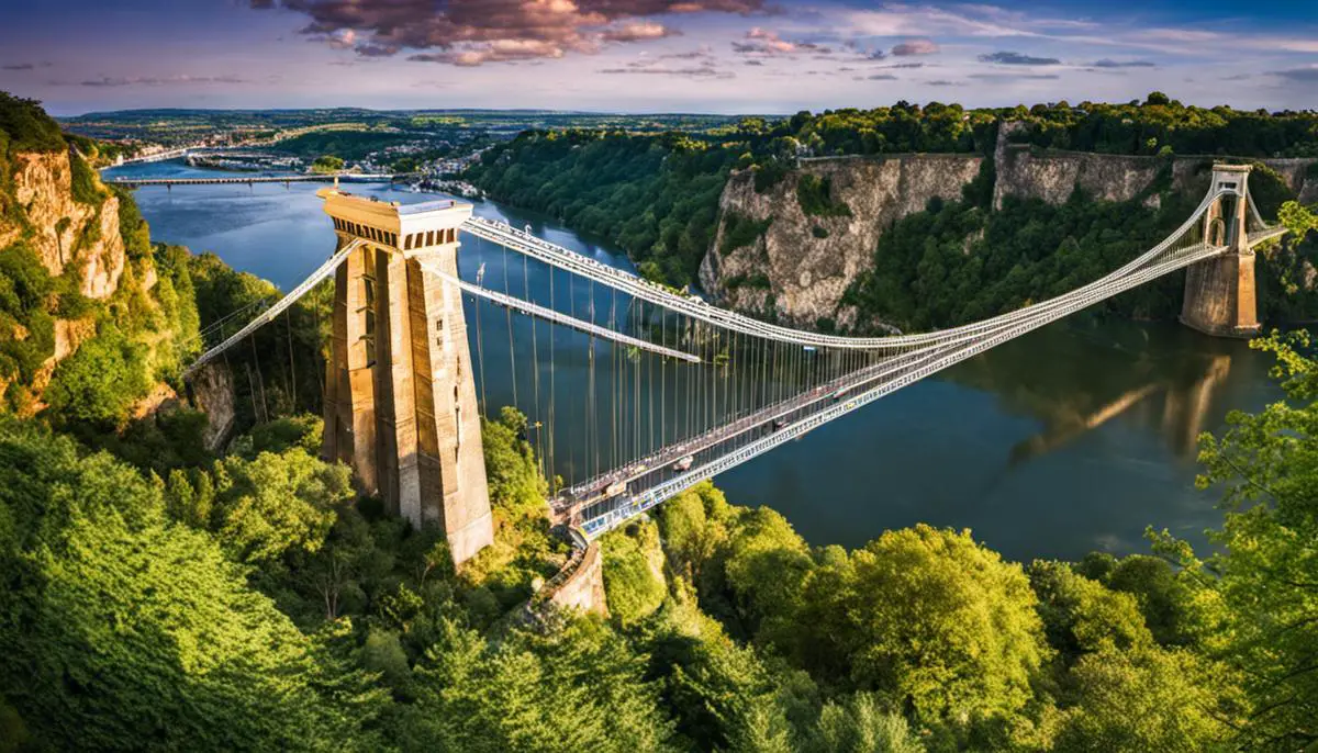 The image depicts the beautiful Clifton Suspension Bridge over the Avon Gorge in Bristol.